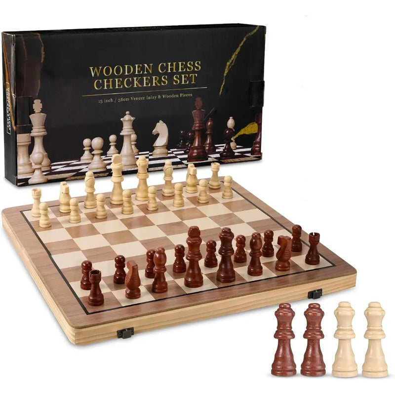 Ajedrez de Madera Portátil con Tablero Plegable | Juego Clásico Educativo Completo