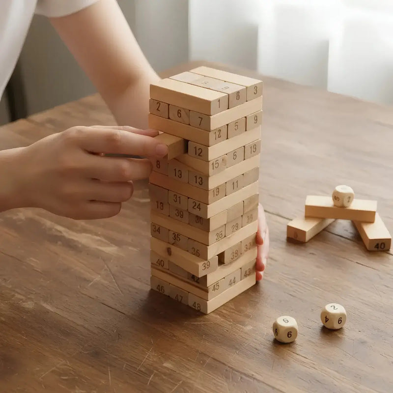 Torre de Madera con Números y Dados | Juego de Mesa Familiar de Habilidad y Estrategia