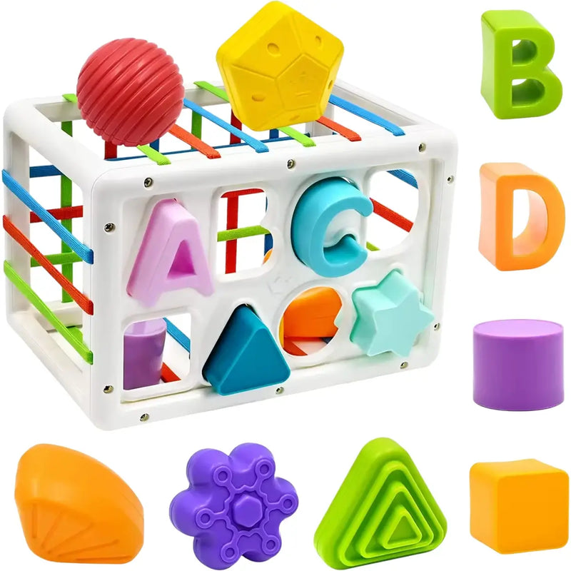 Cubo Sensorial Montessori con Bandas Elásticas | Juguete de Encastre para Bebés con Formas