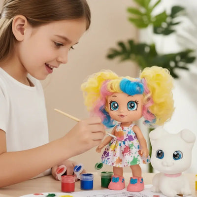 Muñeca Coloreable + Perrito + Pinturas Temperas